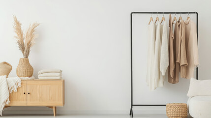 Poster - A cozy and minimalist interior featuring clothing rack with neutral toned sweaters, wooden cabinet, and decorative elements like woven basket and dried plants. serene atmosphere invites relaxation and