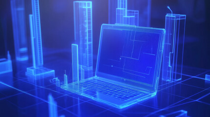 Poster - A blue 3D illustration showing a laptop and phone connected to a fast 4G internet network. This represents the speed and global reach of modern wireless technology.low poly wireframe.