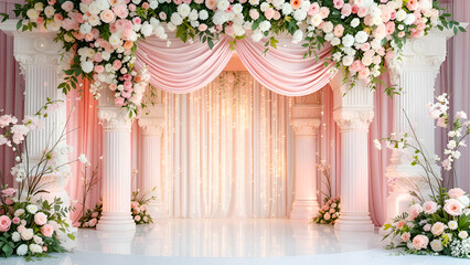 a wedding ceremony backdrop with white columns adorned with pink flowers, a flowing pink drape, and 