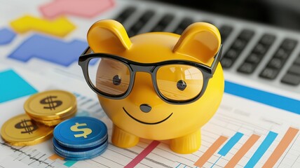 A yellow piggy bank wearing glasses sits on a financial report, surrounded by coins, symbolizing savings and financial management.