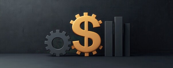 A gear and a dollar sign stand beside growing bar charts against a dark background, symbolizing finance and business growth.