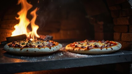 Two pizzas baking in a wood-fired oven with flames in the background.