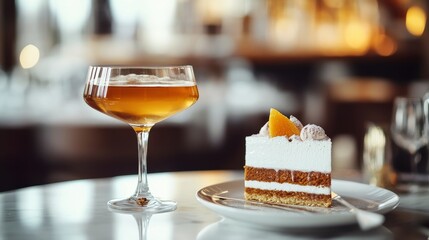 Elegant dessert and cocktail served at a cozy restaurant evening