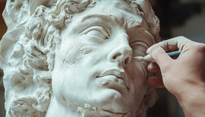 close-up of an artist's hand sculpting a clay bust.