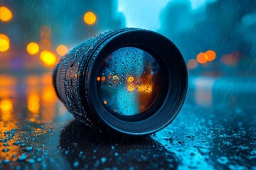 Poster - Close-up of camera lens with raindrops on a wet street at night.