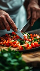 Canvas Print - Close-up of chef's hands chopping fresh vegetables for salad on a wooden cutting board.