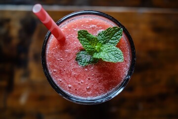 Close-up overhead shot of a glass of refreshing pink smoothie topped with a sprig of fresh mint and a straw.