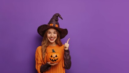 Portrait of woman in Halloween costume with happy face standing isolated on bright purple background