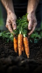 Wall Mural - Close-up of farmer's hands holding freshly harvested carrots from the garden soil.