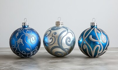 Three blue and silver Christmas ornaments on a table