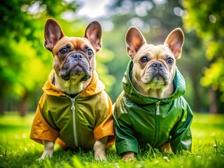 French Bulldogs in Colorful Raincoats Enjoying Adventure