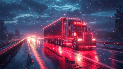 A bright neon-lit semi-truck travels down a wet highway amidst heavy rainfall, reflecting vibrant red light on the glossy road surface under a stormy sky.