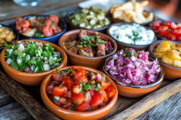 Colorful and delicious selection of small dishes with fresh ingredients in small bowls on a wooden tray.