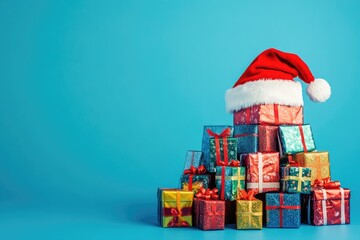 Canvas Print - A Stack of Wrapped Christmas Presents with a Santa Hat on Top