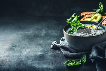 A rustic wooden table adorned with plant-based breakfast options like chia pudding, avocado toast and a smoothie bowl topped