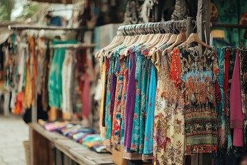 Colorful Dresses on a Clothing Rack in a Market.