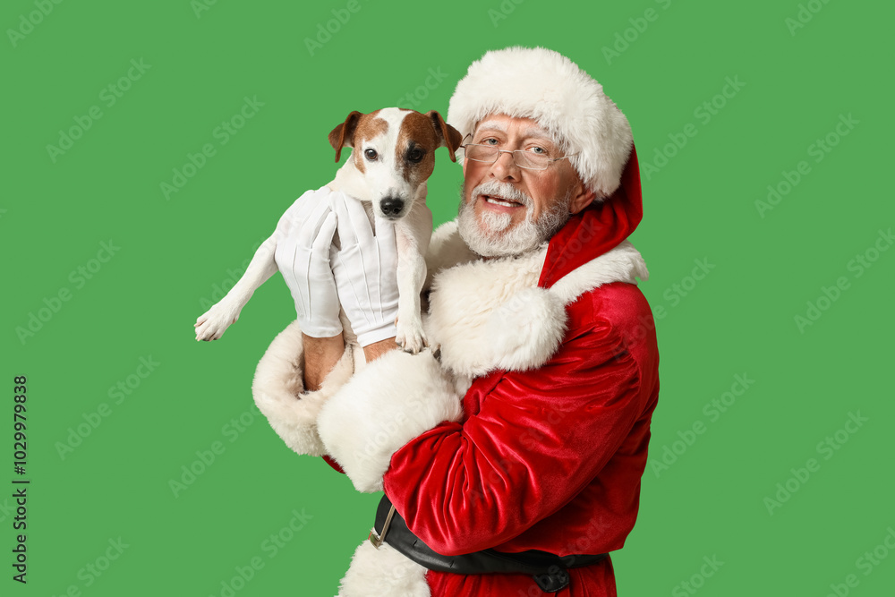 Santa Claus with cute Jack Russell Terrier dog on green background