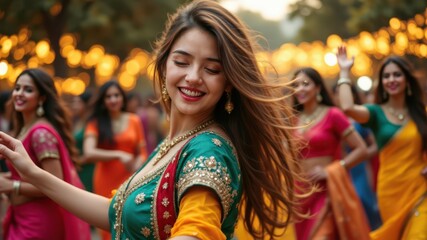 A vibrant celebration featuring a joyful woman in traditional attire dancing amidst a group of friends, adorned with festive lights.