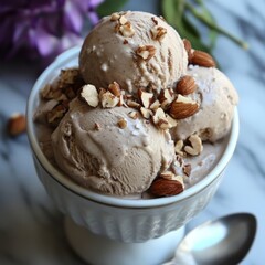 Sticker - Close-up of three scoops of brown ice cream topped with sliced almonds in a white bowl on a marble surface.