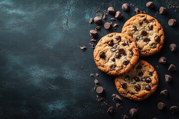 Delicious chocolate chip cookies sitting on blue textured background