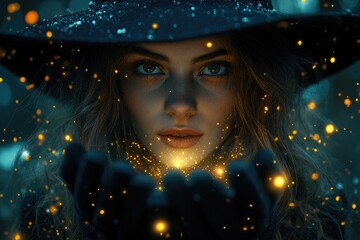 Beautiful witch holding magic golden light in her hands wearing a black hat