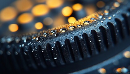 Wall Mural - Close-up of water droplets on a black surface with a blurred background of golden lights.