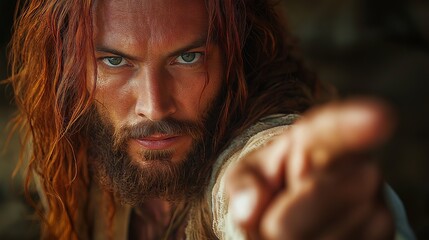 Jesus Christ, with long hair, bright eyes and a calm gaze, pointing his finger at the camera