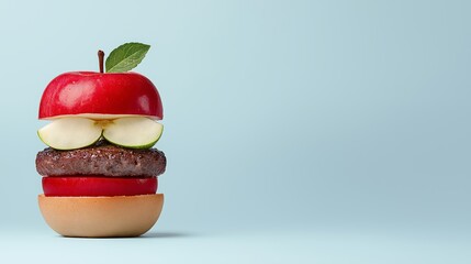 Creative concept of healthy eating choices with half hamburger and half apple symbolizing nutrition and diet contrast