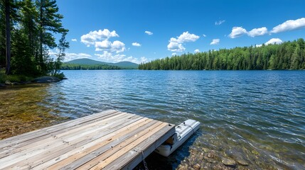 Serene summer lakeside escape with a peaceful pontoon pier extending into the calm reflective waters  This tranquil scene showcases the simplicity and beauty of lakeside life