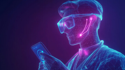 A doctor's app lets you connect with medical professionals online. This app uses technology to help diagnose health problems. It shows a doctor using a stethoscope and a smartphone.low poly wireframe.