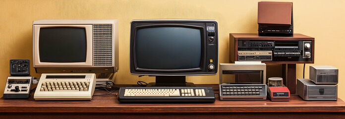 Retro computer set, featuring old PCs with monitors and keyboards,  vintage technology-