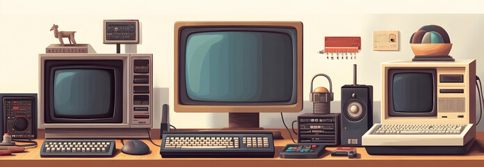 Retro computer set, featuring old PCs with monitors and keyboards,  vintage technology-