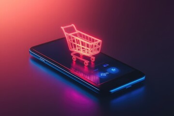 Wall Mural - Neon shopping cart hovering over smartphone for online shopping concept