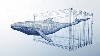 Wall Mural - a simple drawing shows a whale swimming inside a shipping container. this represents a developer usi