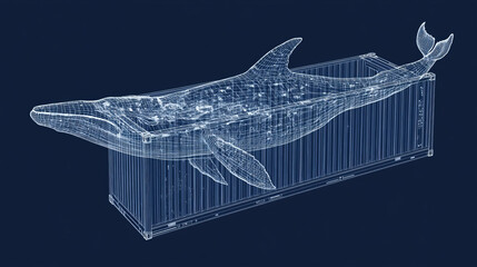 Wall Mural - a simple drawing shows a whale swimming inside a shipping container. this represents a developer usi