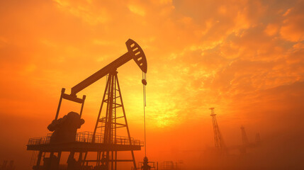 Wall Mural - An illustration of an oil rig, simplified for business use. The image shows the process of oil production using a pumpjack, representing the industry's connection to finance and the economy.