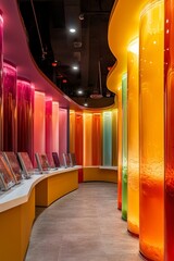 Wall Mural - Colorful cylindrical tubes filled with various powders and liquids stand in a modern hallway.