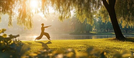 Silhouette of a woman practicing tai chi in a park by a lake.