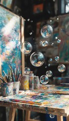 Canvas Print - Colorful paint splatters and soap bubbles in a messy art studio.