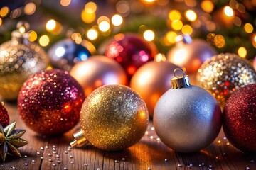 Canvas Print - christmas ornaments close-up with blurred holiday lights on christmas eve
