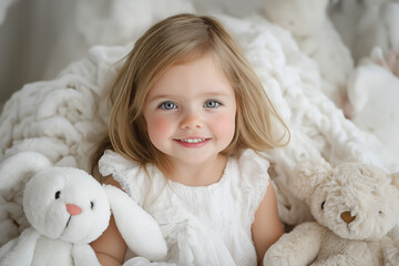 A Newborn Baby Girl Lying On A Fluffy Blanket With Soft Toys Around Her, Capturing Her Innocence And The Joy Of Early Life