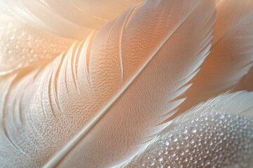 Poster - Delicate white feathers with water droplets, close-up macro shot.