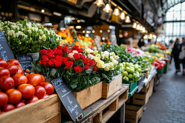 Poster - A Wide-Angle View Of A Bustling Paris Food Market, Showcasing Colorful Flower Stalls Alongside Gourmet Food Vendors, With Shoppers Exploring The Vibrant Atmosphere