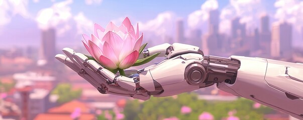 Poster - Robotic Hand Holding Pink Lotus Flower.