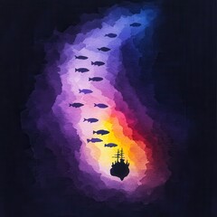 Poster - Silhouettes of a ship and fish swimming through a colorful watercolor sky.