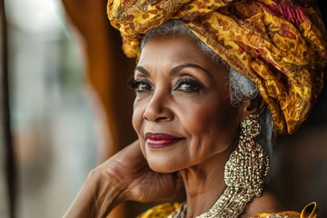 Choose an elegant senior woman in cultural attire to promote inclusive beauty standards.,