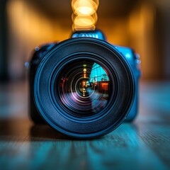 Wall Mural - DSLR camera lens close-up with blurred bokeh lights reflected in the glass.