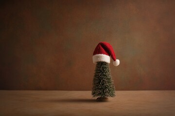 Wall Mural - Miniature Christmas Tree Wearing a Santa Hat Against a Brown Background