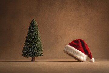 Wall Mural - A Small Christmas Tree and a Santa Hat on a Brown Background