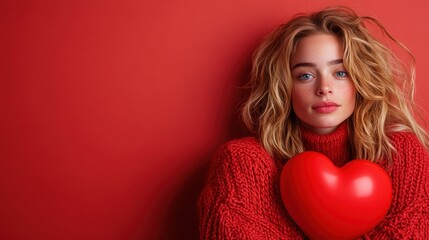 A woman with wavy hair in a red sweater holds a glossy heart-shaped balloon close, set against a matching red background. The image exudes warmth and affection.